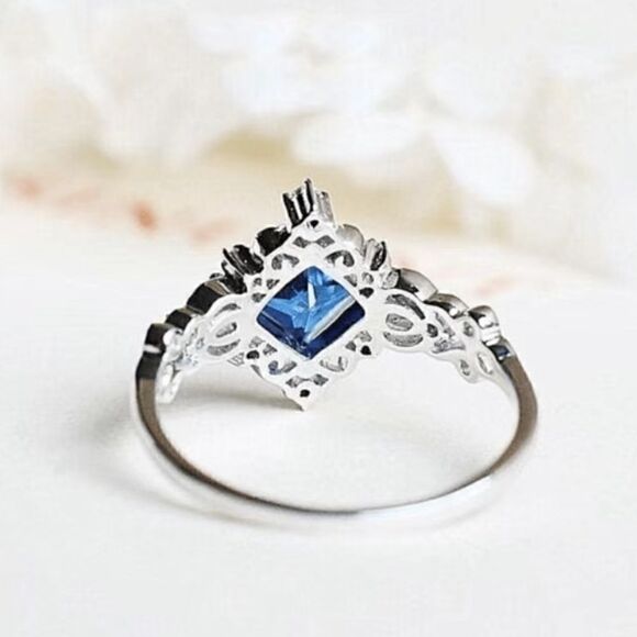 925 Silver Plated  Blue Cubic Zirconia Ring Silver Color Fine Jewelry - Picture 4 of 6
